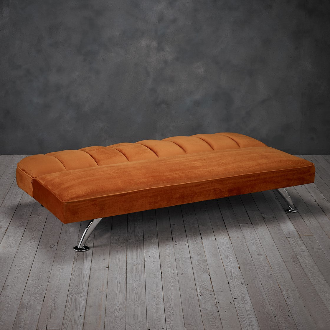 Orange Velvet Upholstered 3 Seater Sofa Bed with Tufted Back