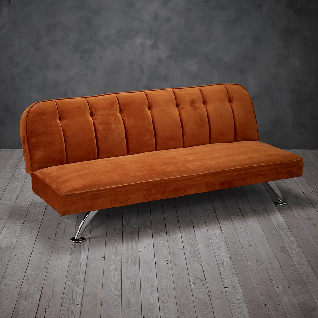 Orange Velvet Upholstered 3 Seater Sofa Bed with Tufted Back