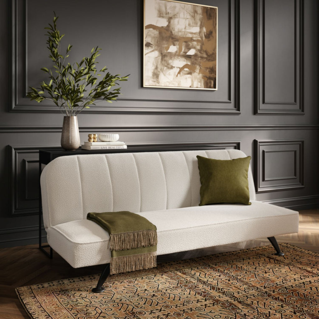 Modern Ivory Boucle Upholstered 2 Seater Convertible Sofa Bed with Tufted Back