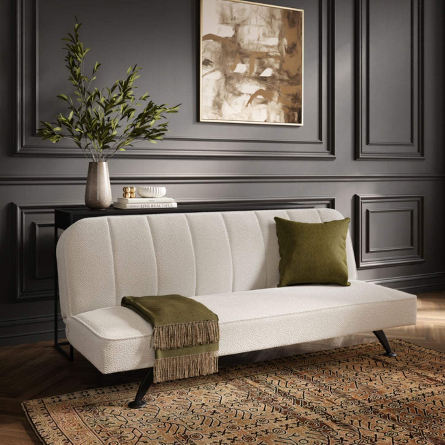 Modern Ivory Boucle Upholstered 2 Seater Convertible Sofa Bed with Tufted Back