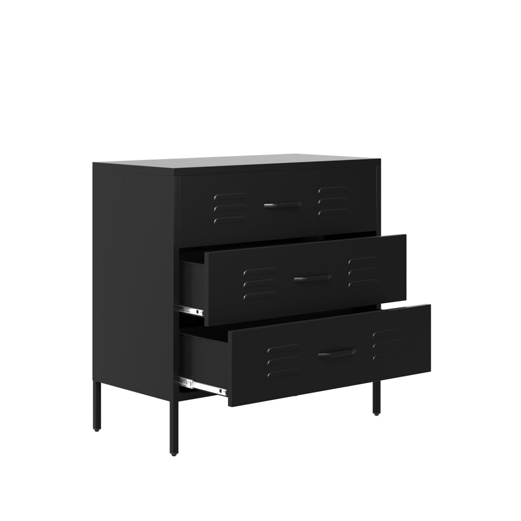 Black Steel Chest of 3 Drawers Industrial Locker Style