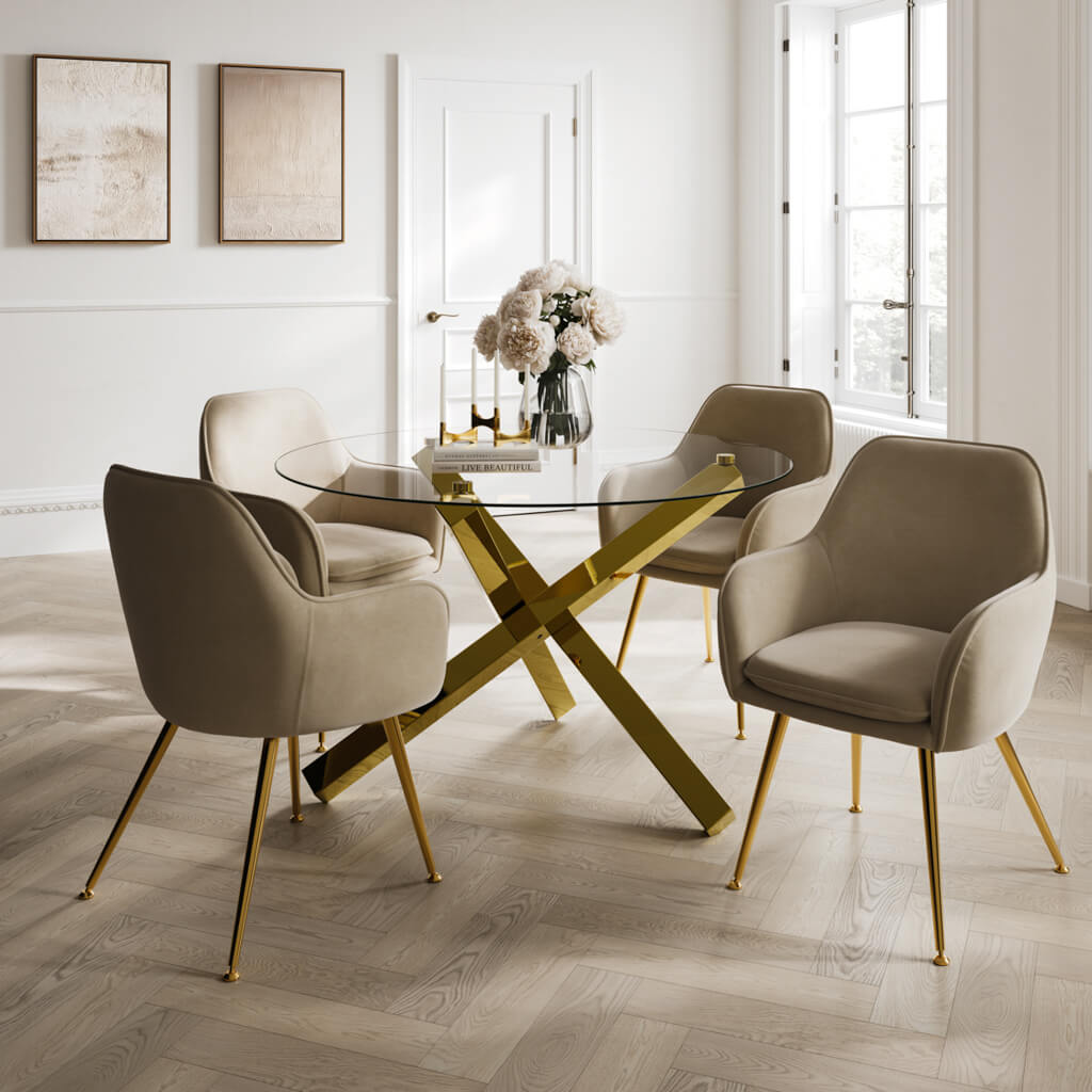 Round 4 Seater Dining Set with Velvet Upholstered Chairs