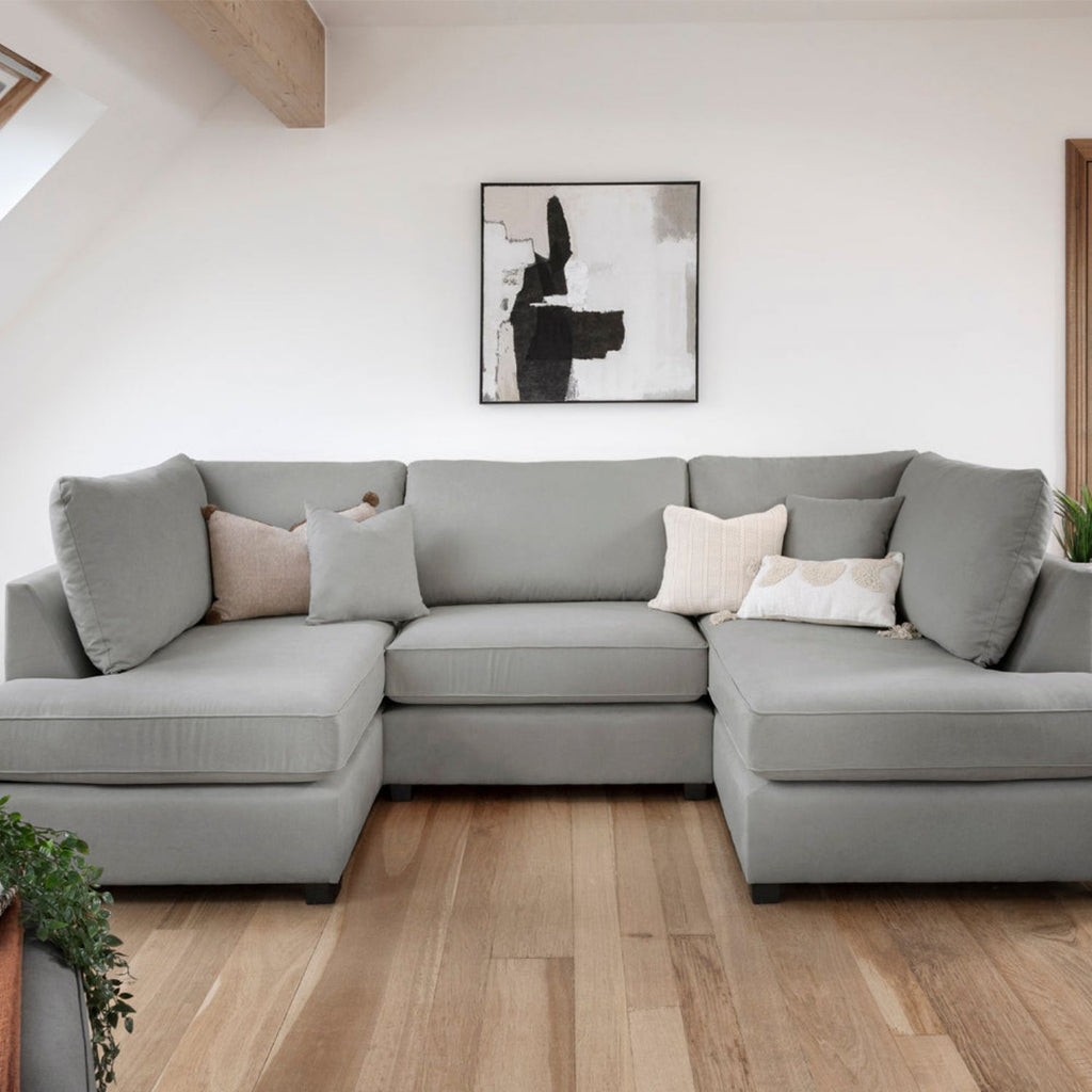 Grey Fabric Upholstery U Shape Corner Sofa Black Feet