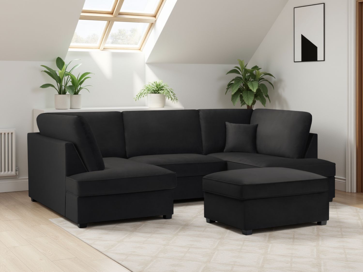 Black Fabric U Shape Plush Black Corner Sofa