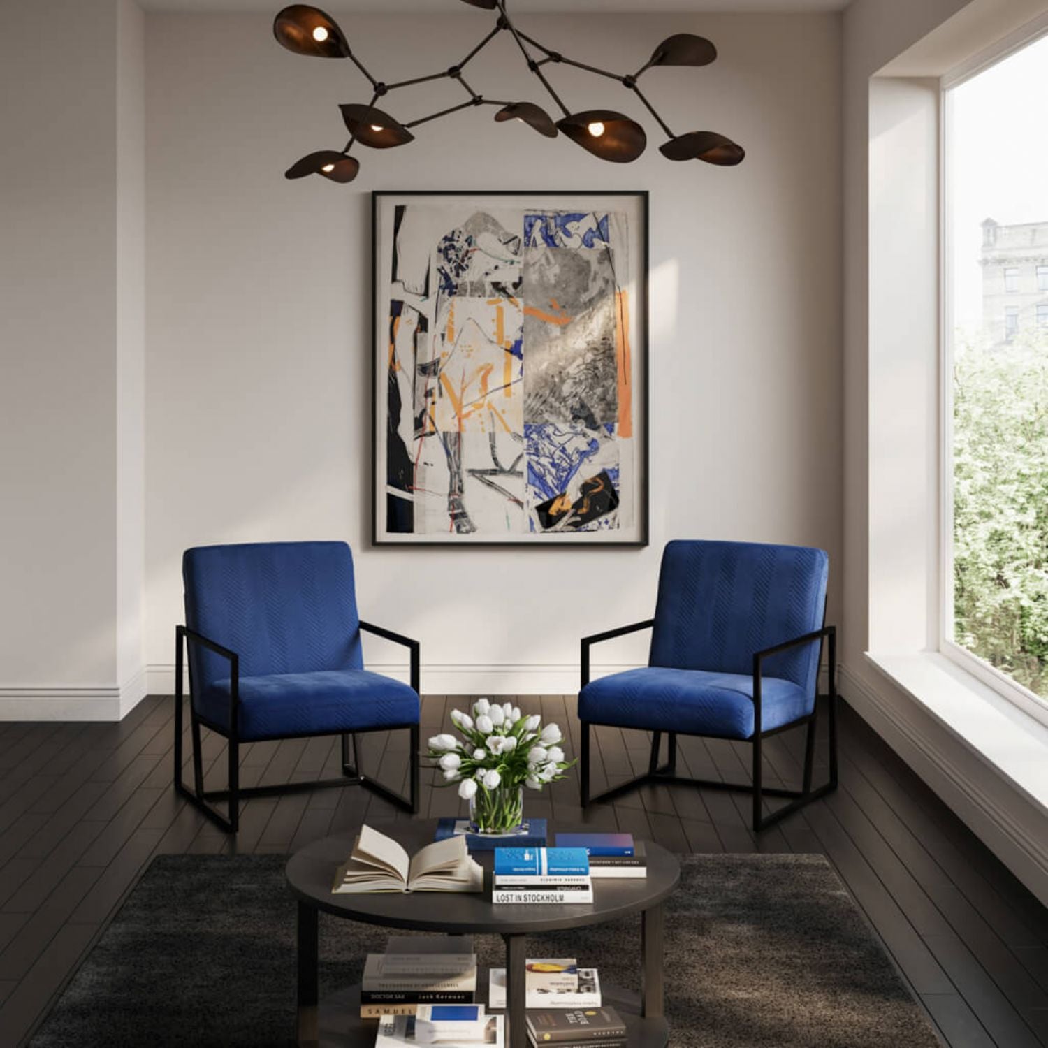 Blue Velvet Chevron Patterned Accent Chair with Metal Frame