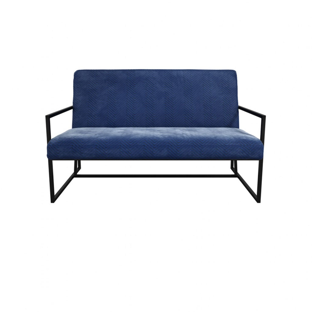 Blue Velvet Chevron Patterned 2 Seater Sofa Black Framed