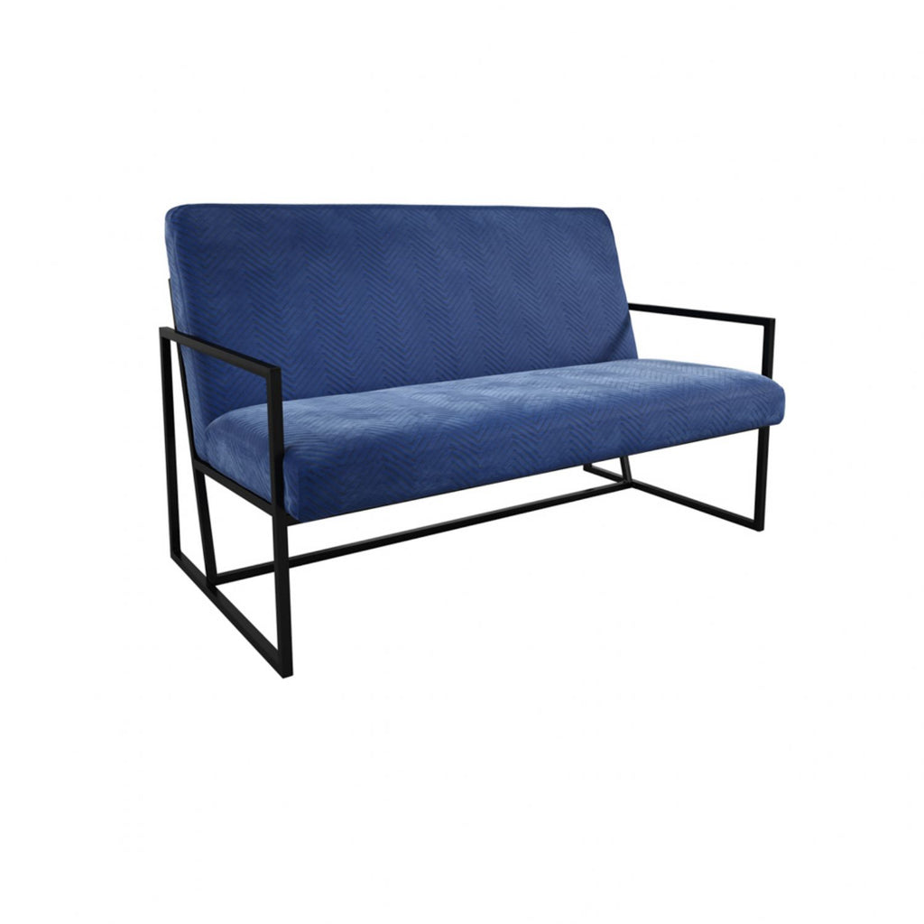 Blue Velvet Chevron Patterned 2 Seater Sofa Black Framed