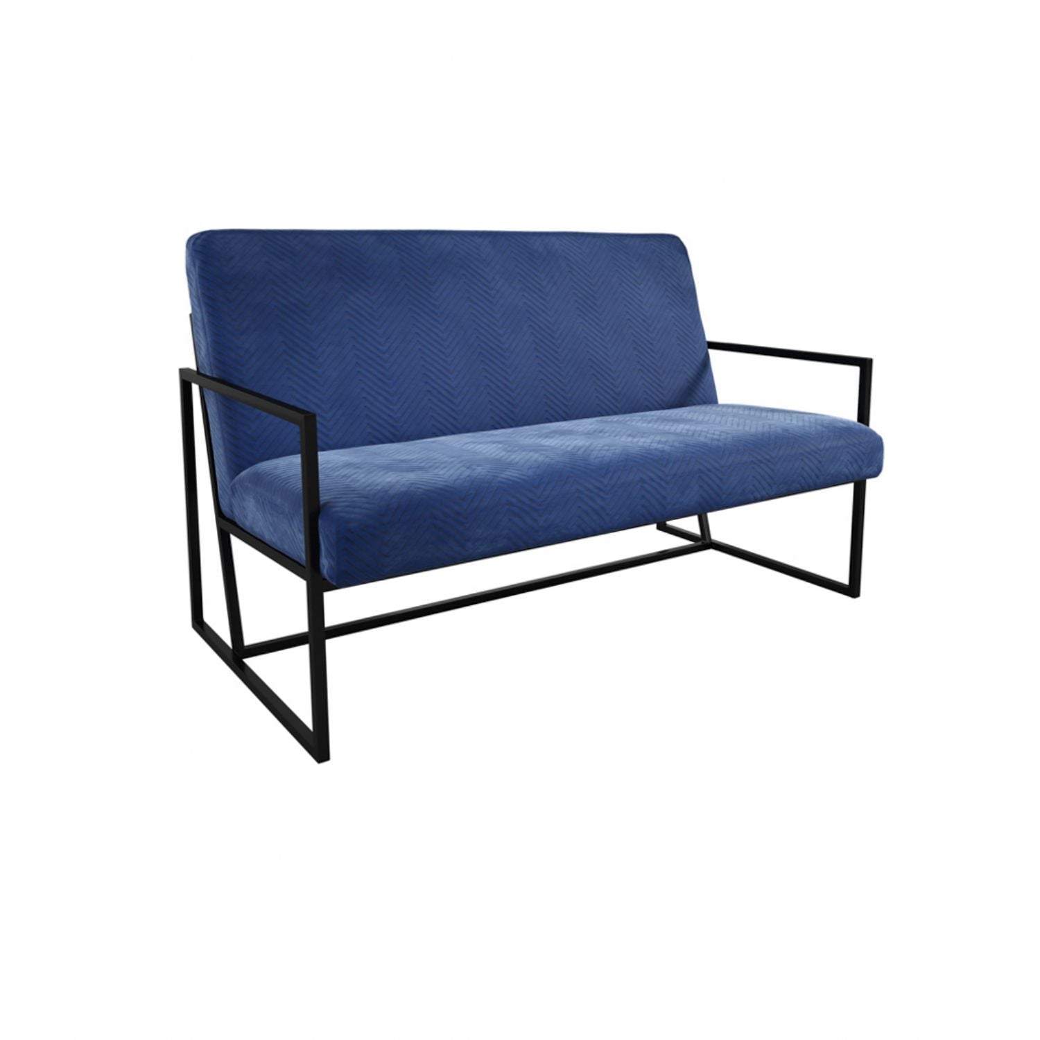 Blue Velvet Chevron Patterned 2 Seater Sofa Black Framed