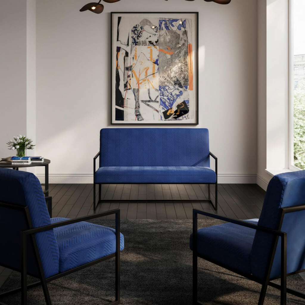 Blue Velvet Chevron Patterned 2 Seater Sofa Black Framed