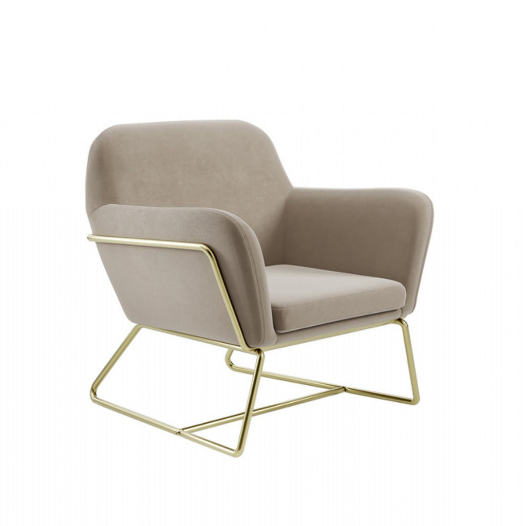 Beige Velvet Upholstered Modern Curved Lounge Armchair with Brushed Gold Frame