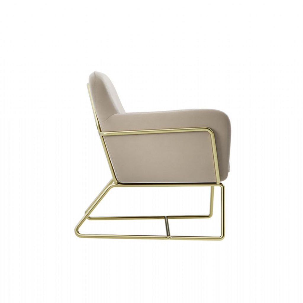 Beige Velvet Upholstered Modern Curved Lounge Armchair with Brushed Gold Frame