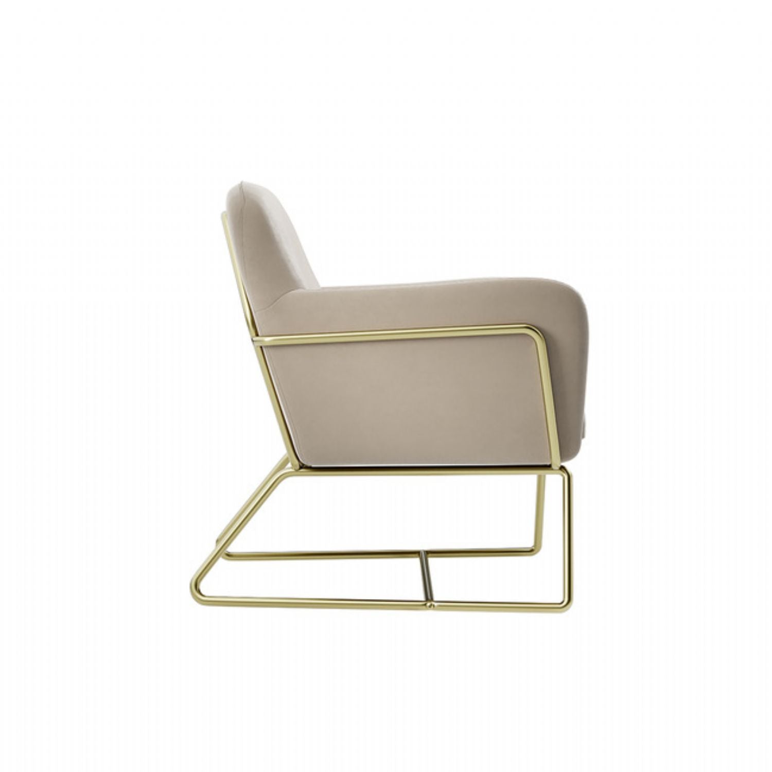 Beige Velvet Upholstered Modern Curved Lounge Armchair with Brushed Gold Frame