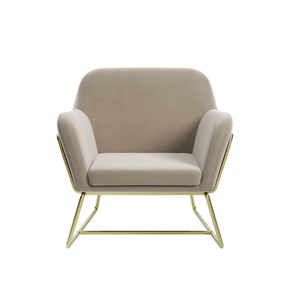 Beige Velvet Upholstered Modern Curved Lounge Armchair with Brushed Gold Frame