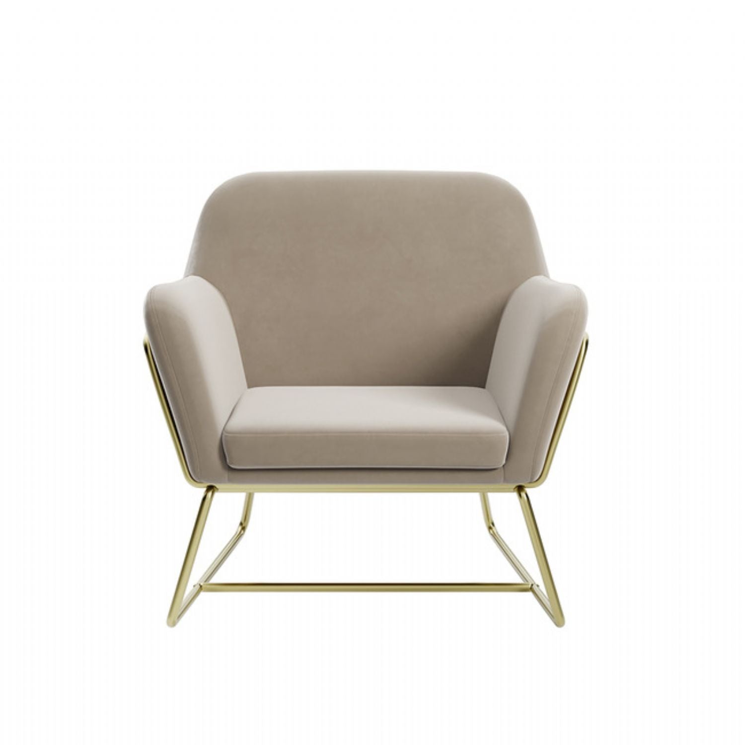 Beige Velvet Upholstered Modern Curved Lounge Armchair with Brushed Gold Frame