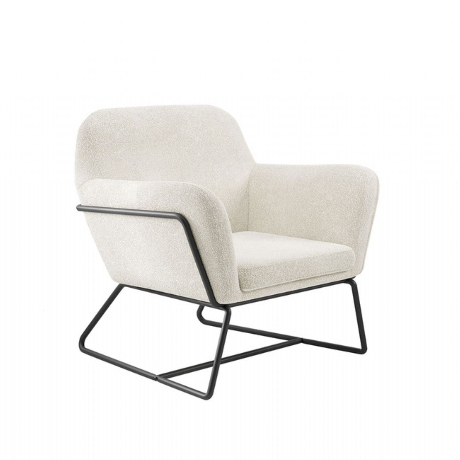 Ivory Boucle Upholstered Soft Curved Lounge Armchair with Black Metal Frame