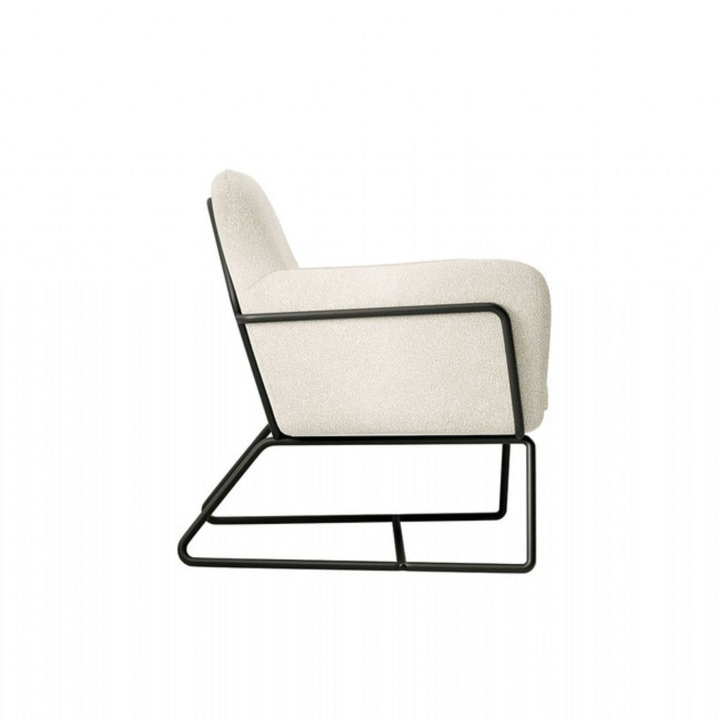Ivory Boucle Upholstered Soft Curved Lounge Armchair with Black Metal Frame
