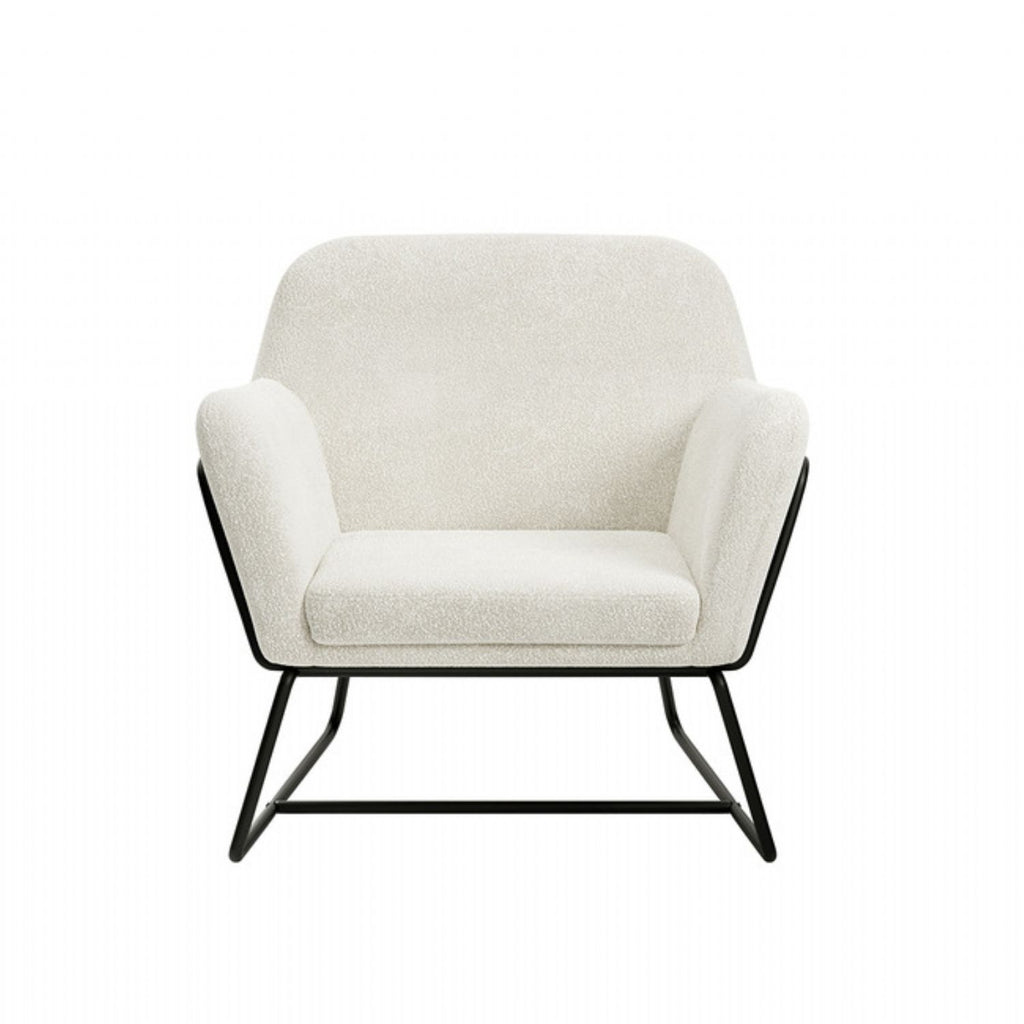 Ivory Boucle Upholstered Soft Curved Lounge Armchair with Black Metal Frame