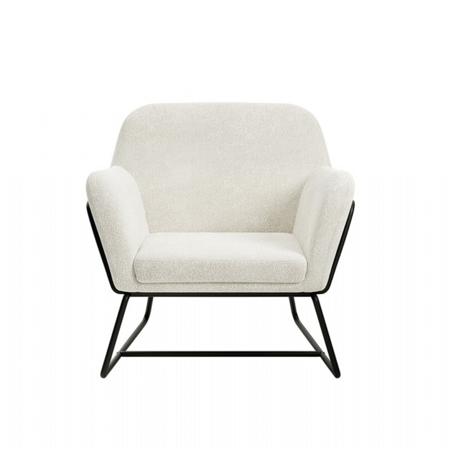 Ivory Boucle Upholstered Soft Curved Lounge Armchair with Black Metal Frame