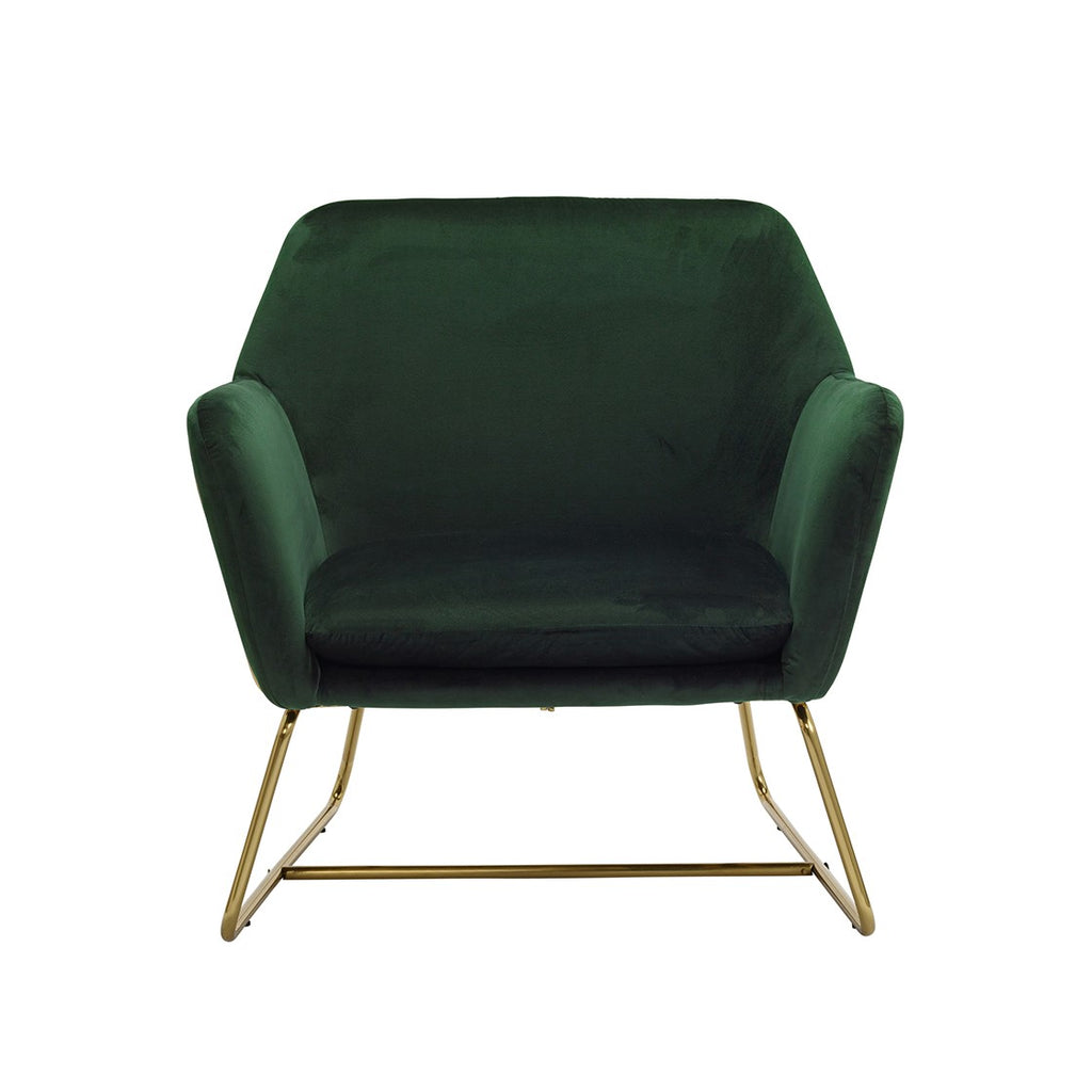 Green Velvet Upholstered Armchair with Gold Frame and Black Metal Legs