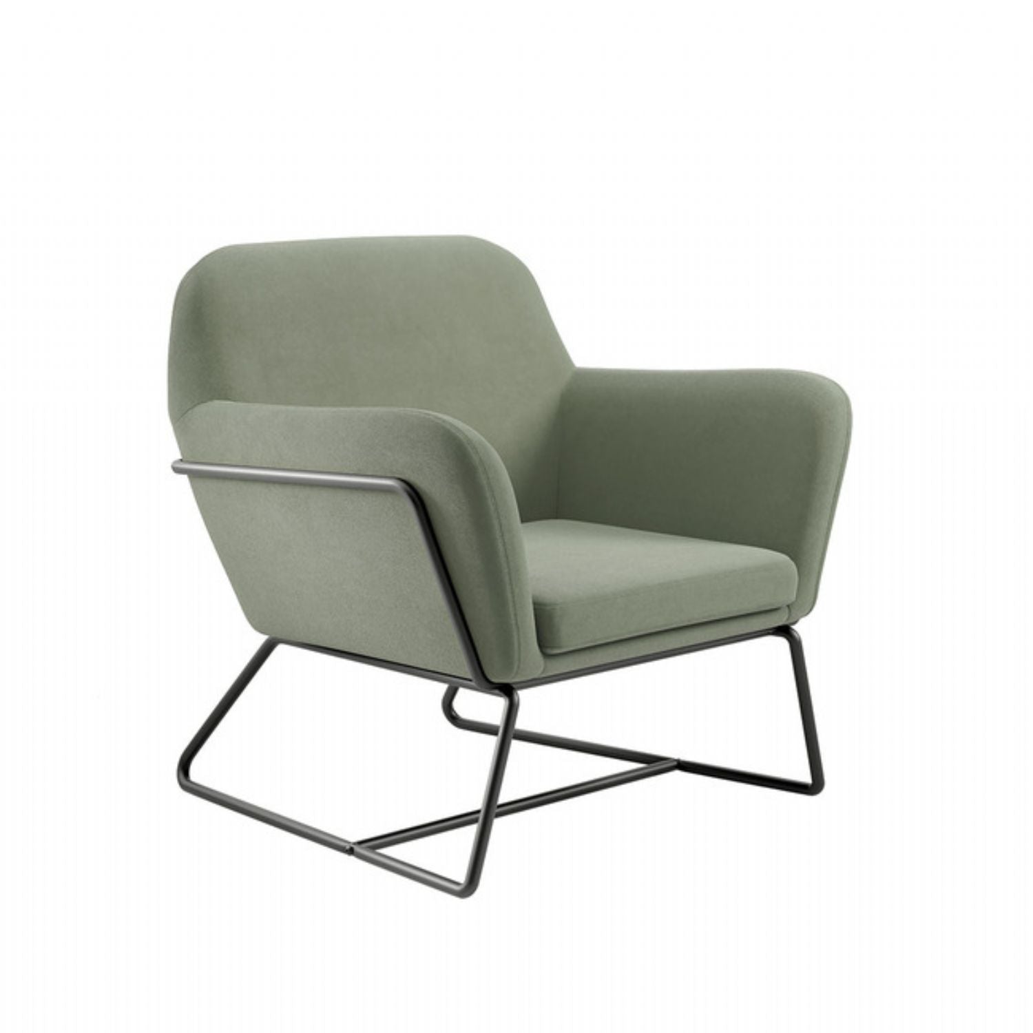 Green Velvet Upholstered Modern Curved Lounge Armchair with Black Metal Frame