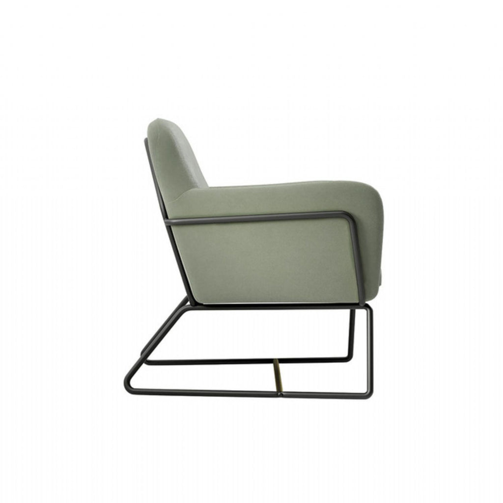 Green Velvet Upholstered Modern Curved Lounge Armchair with Black Metal Frame