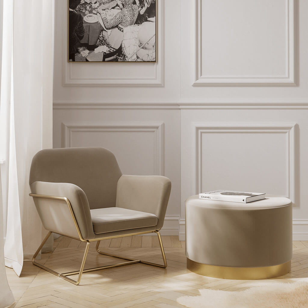 Beige Velvet Upholstered Modern Curved Lounge Armchair with Brushed Gold Frame