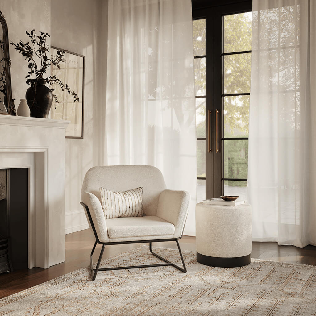 Ivory Boucle Upholstered Soft Curved Lounge Armchair with Black Metal Frame