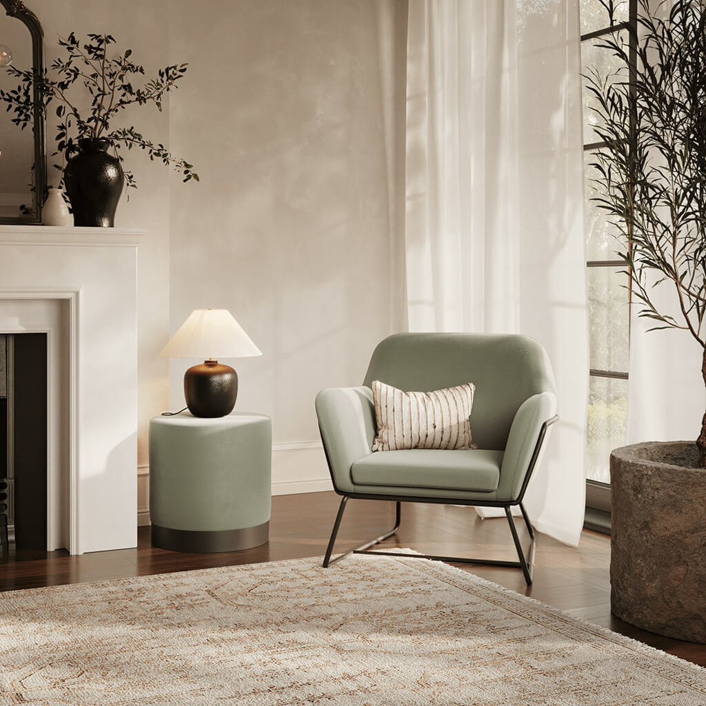 Green Velvet Upholstered Modern Curved Lounge Armchair with Black Metal Frame