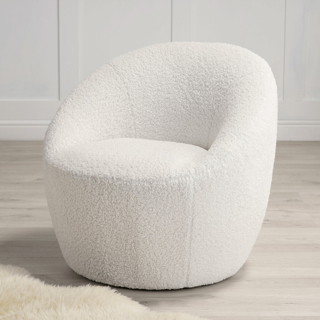 Modern White Shearling Upholstered Accent Chair with Wooden Frame