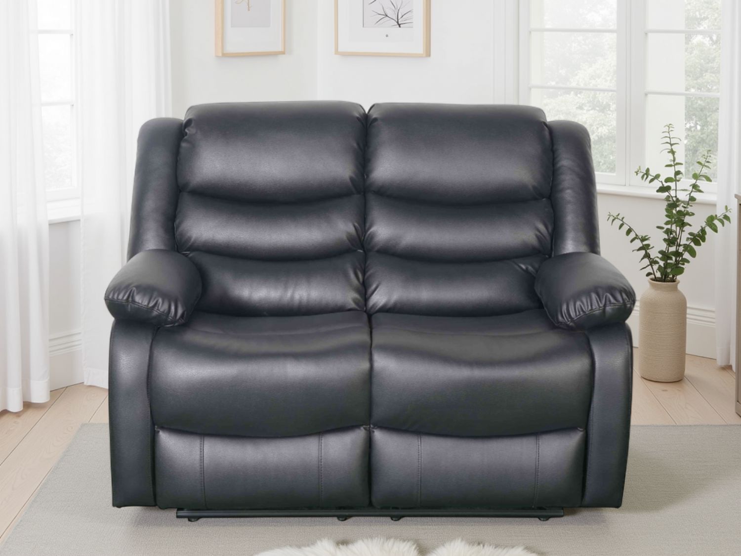 Black Leather Effect 2 Seater Manual Recliner Sofa