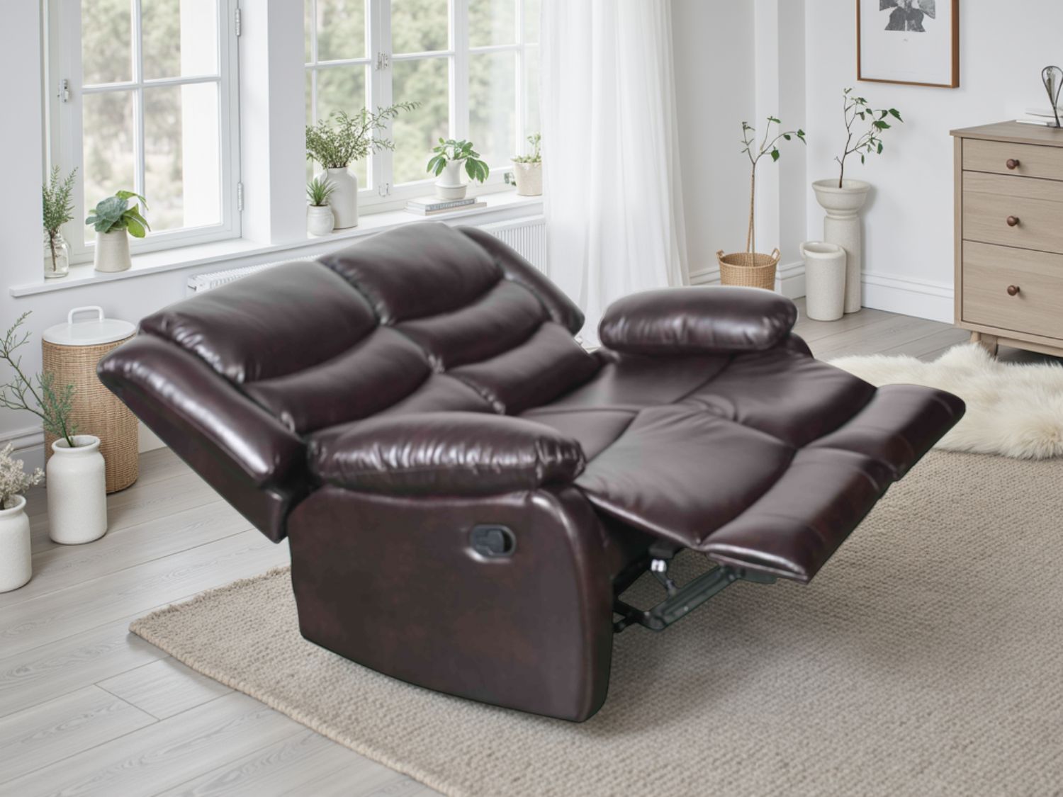 Brown Leather Effect 2 Seater Manual Recliner Sofa