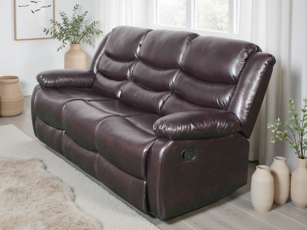 Brown Leather Effect 3 Seater Manual Recliner Sofa