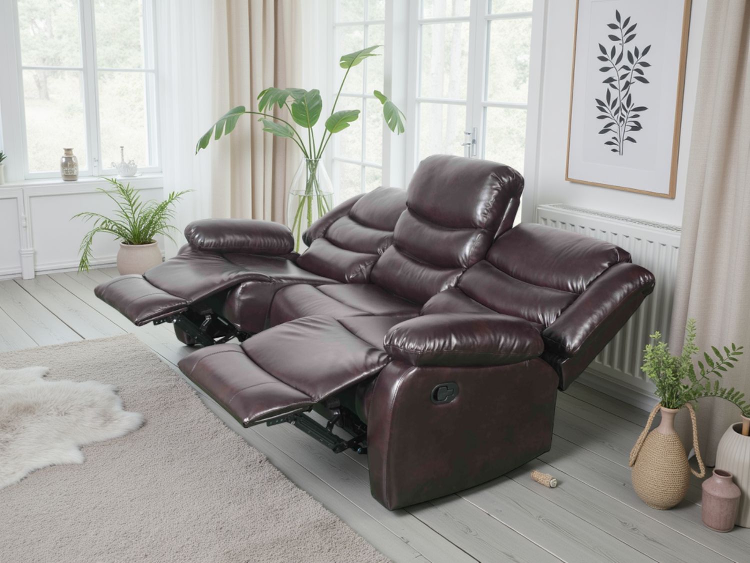 Brown Leather Effect 3 Seater Manual Recliner Sofa