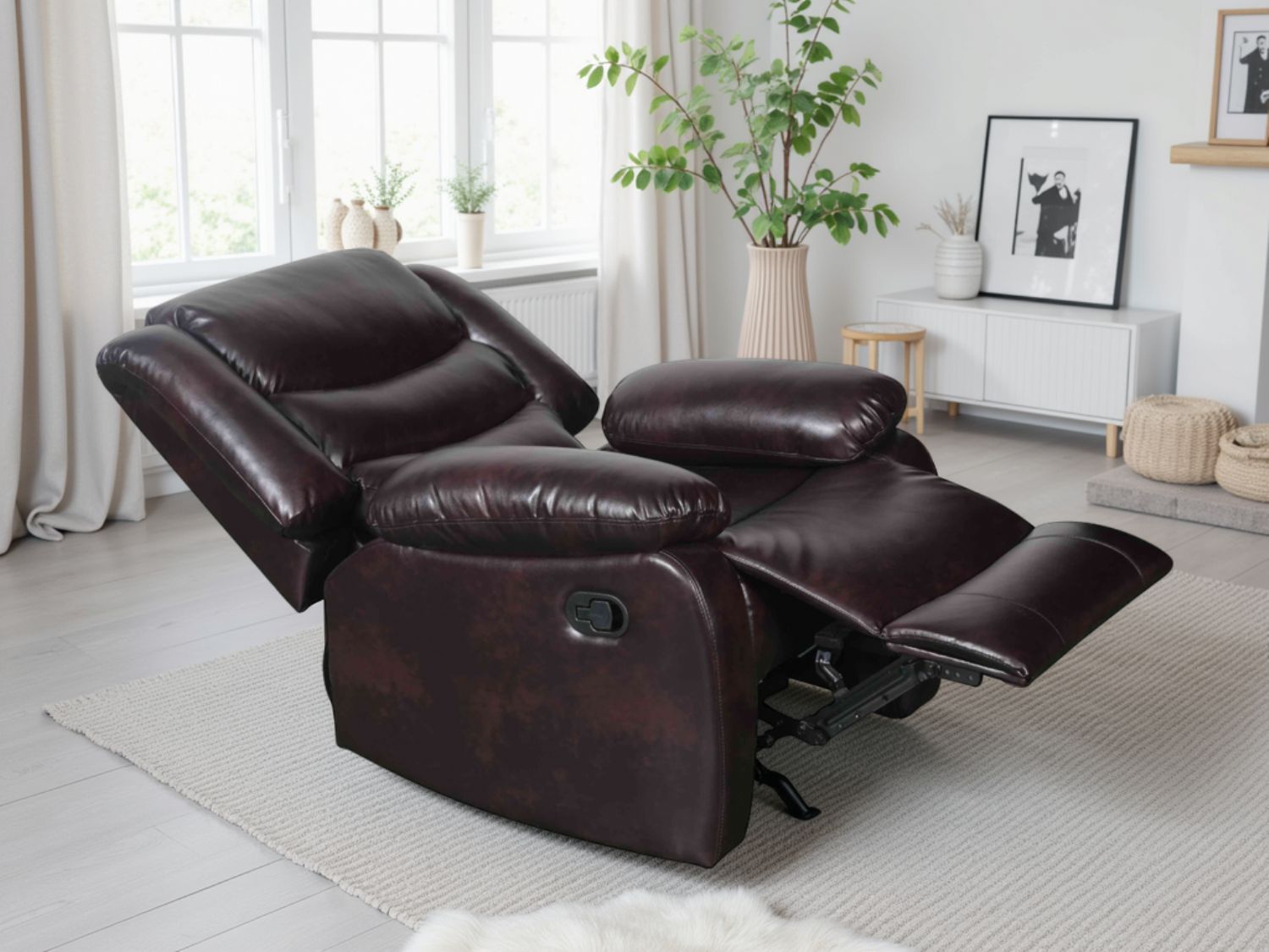 Brown Leather Effect Manual Recliner Armchair Padded Arms