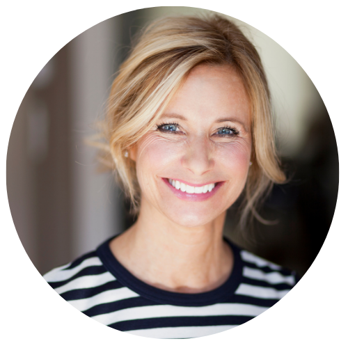 Woman with blonde hair wearing a striped shirt in a circular frame. Customer reviews