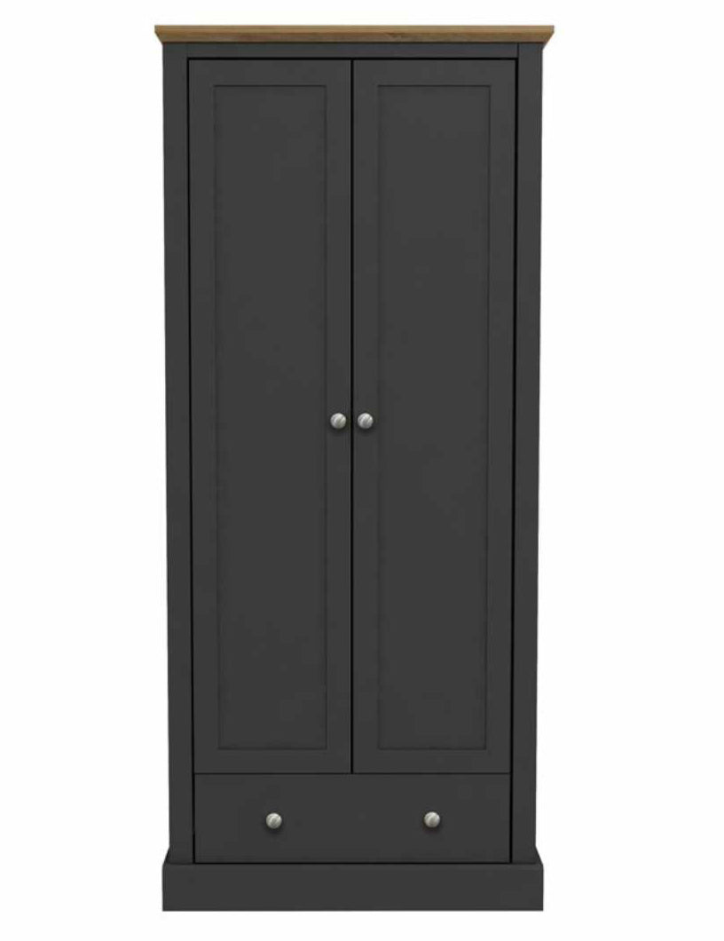 Traditional Charcoal Painted 2 Door Double Wardrobe with Oak Effect Top
