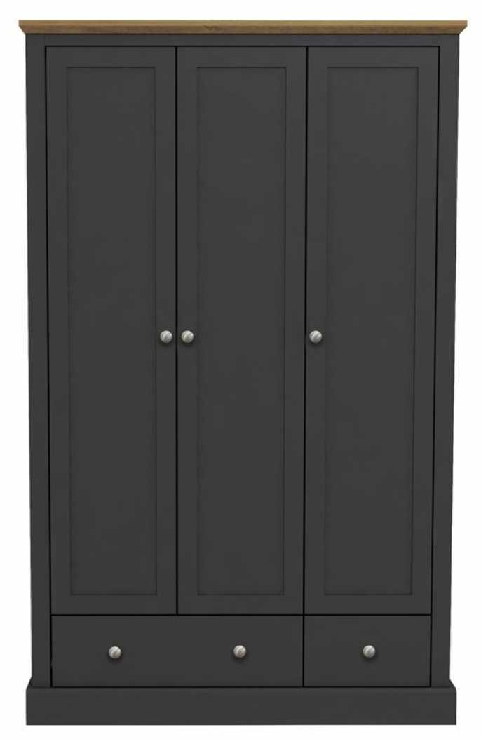 Charcoal Black 3 Door 2 Drawer Triple Wardrobe with Oak Top