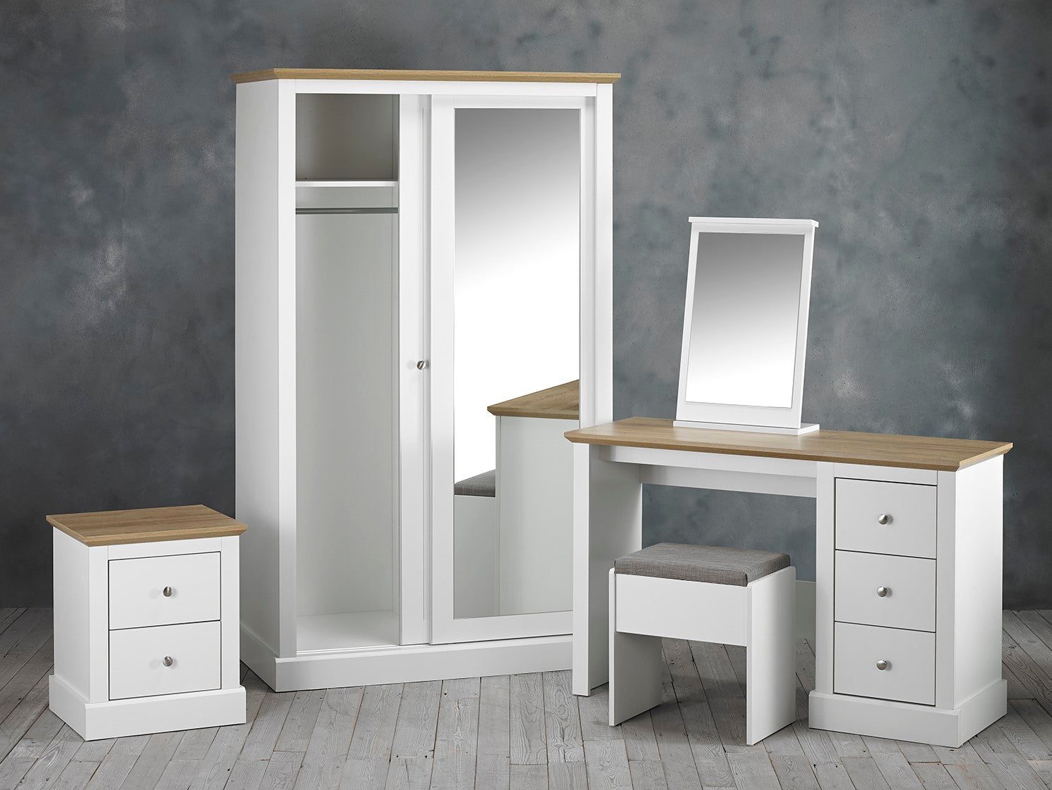 White and Oak Top 2 Door Double Sliding Wardrobe with Mirror