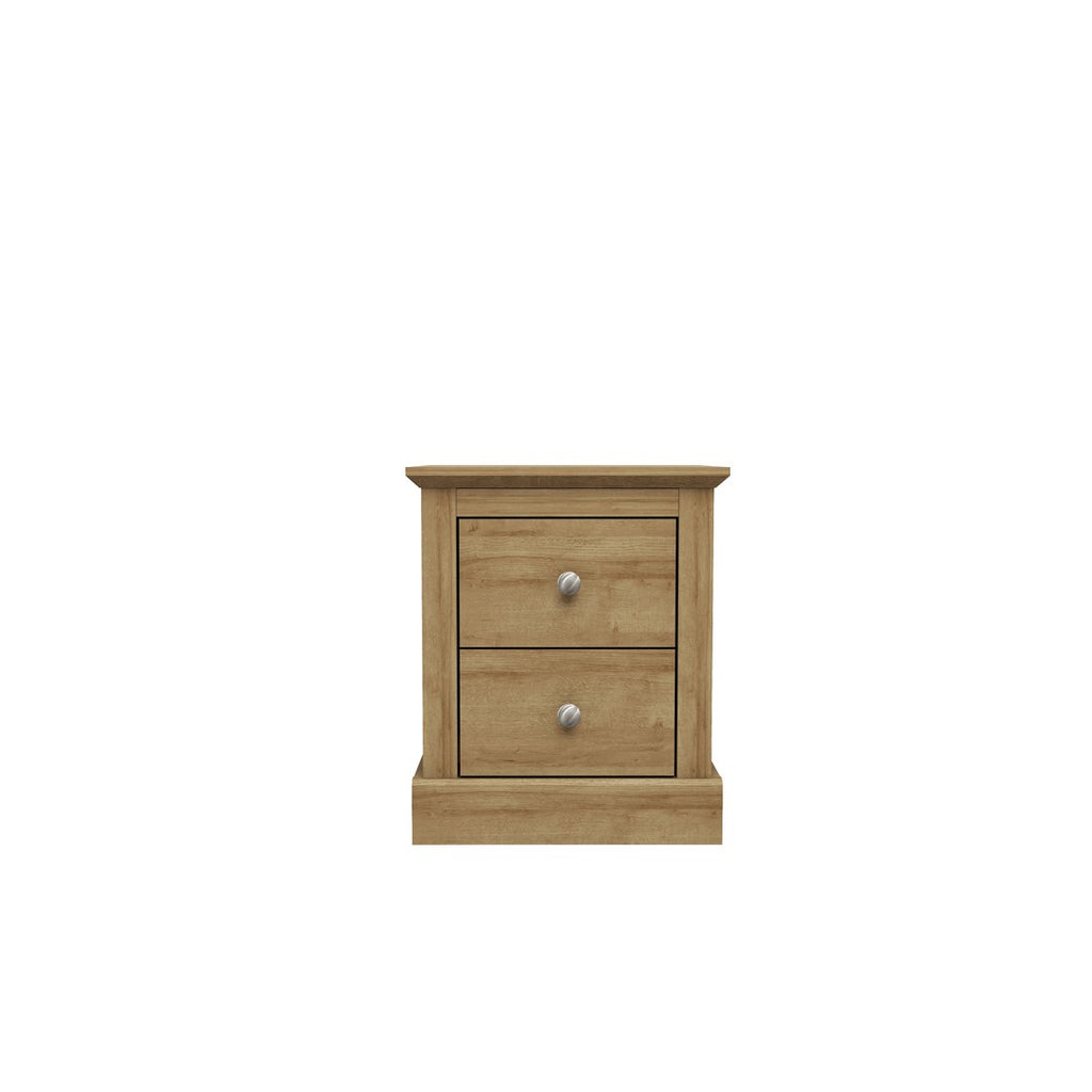 Classic Oak Finish 2 Drawer Bedside Cabinet with Silver Metal Handles