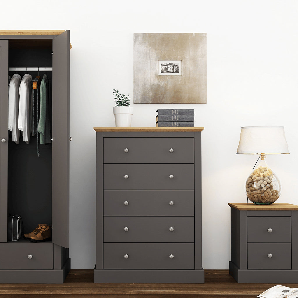 Traditional Charcoal Painted and Oak Effect Top 5 Drawer Bedroom Chest