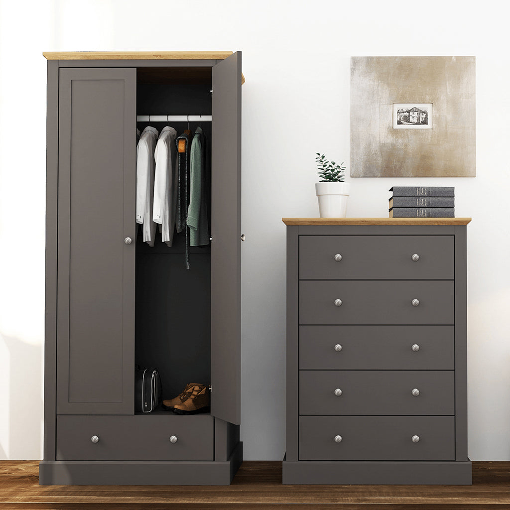 Traditional Charcoal Painted 2 Door Double Wardrobe with Oak Effect Top