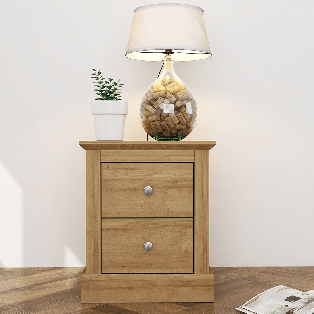 Classic Oak Finish 2 Drawer Bedside Cabinet with Silver Metal Handles