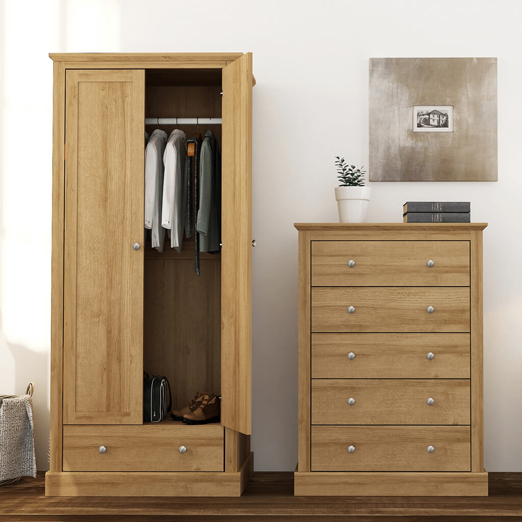 Traditional Oak Effect 2 Door 1 Drawer Wardrobe with Hanging Rail
