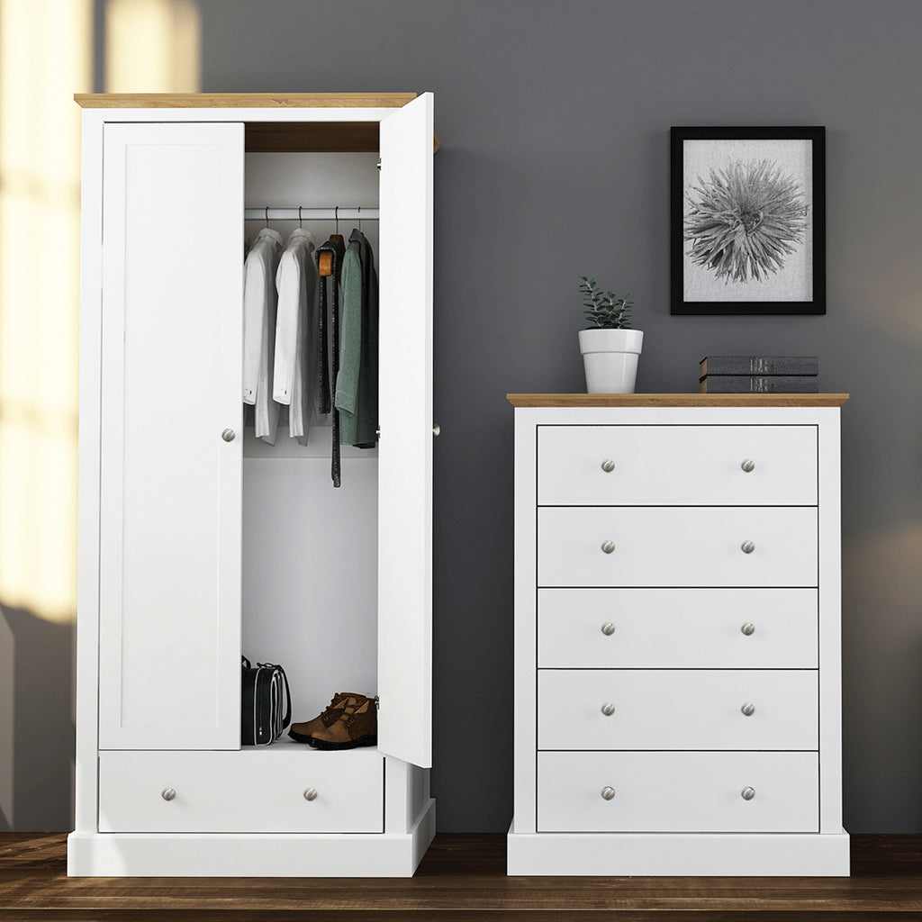 White 2 Door Wardrobe with Oak Effect Finish and Drawer