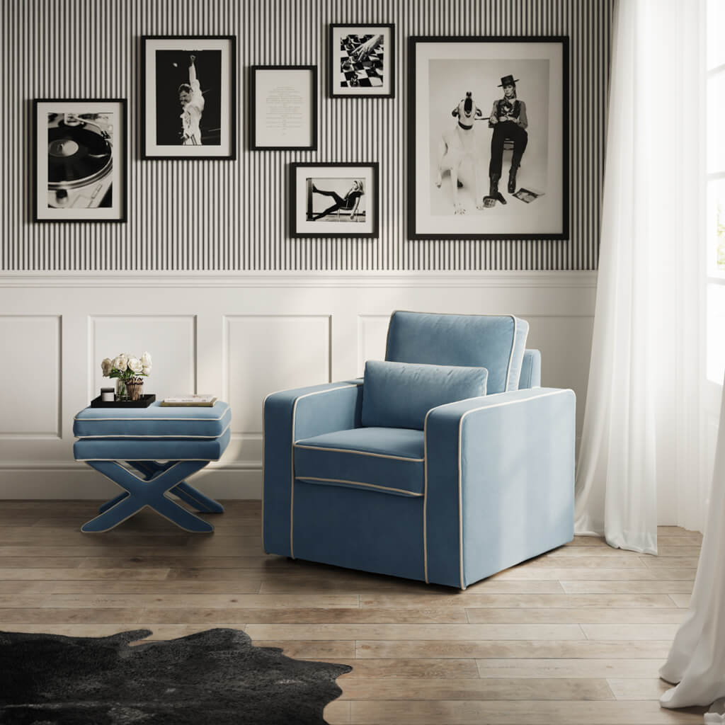 Ice Blue Fabric Accent Chair with Piping