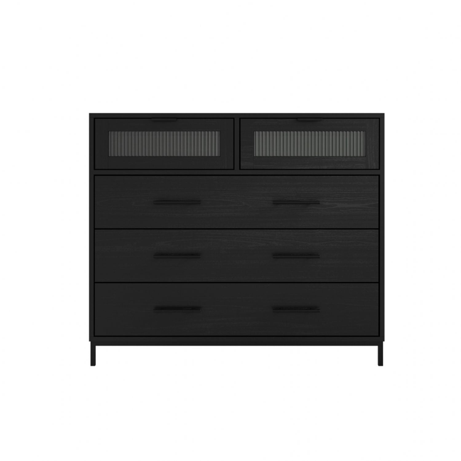 Matte Black 5 Drawer Chest with Reeded Glass and Metal Frame