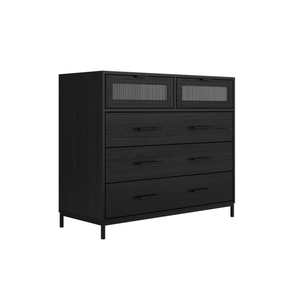 Matte Black 5 Drawer Chest with Reeded Glass and Metal Frame