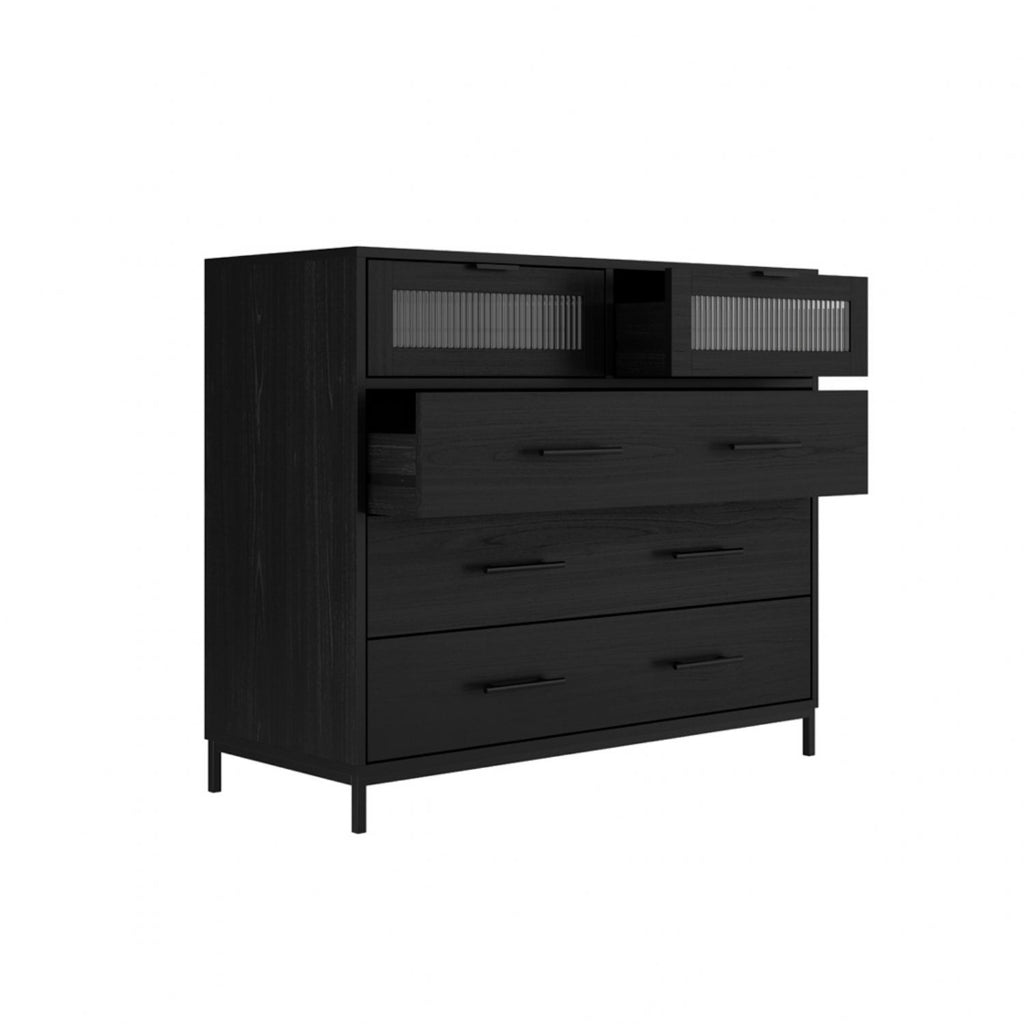 Matte Black 5 Drawer Chest with Reeded Glass and Metal Frame