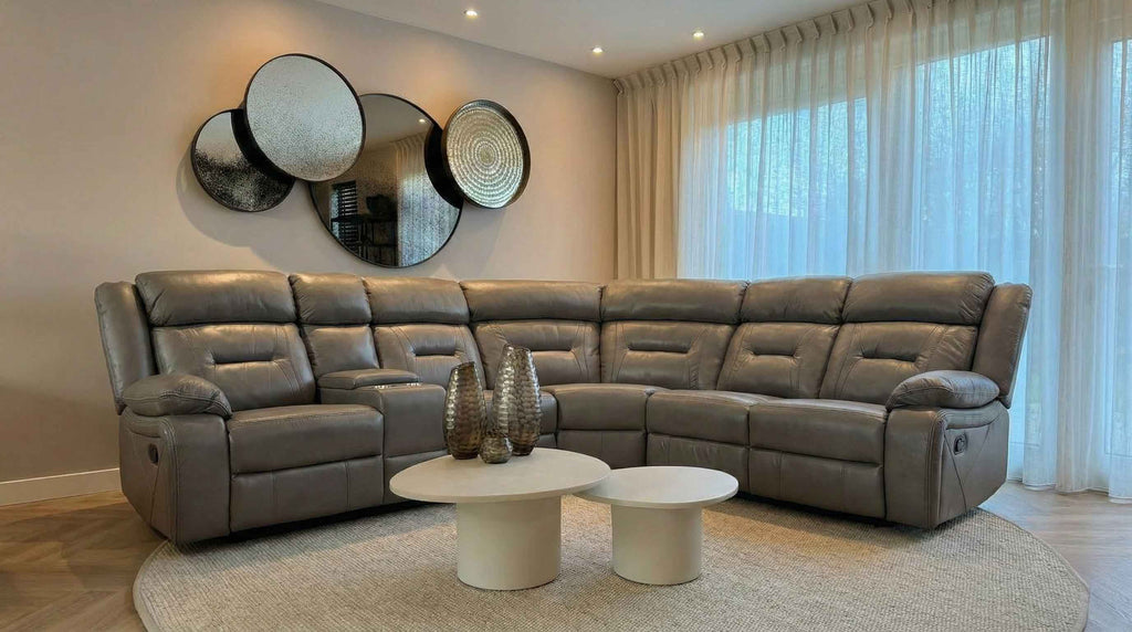 Grey Leather Effect Large Corner Recliner Sofa with Console