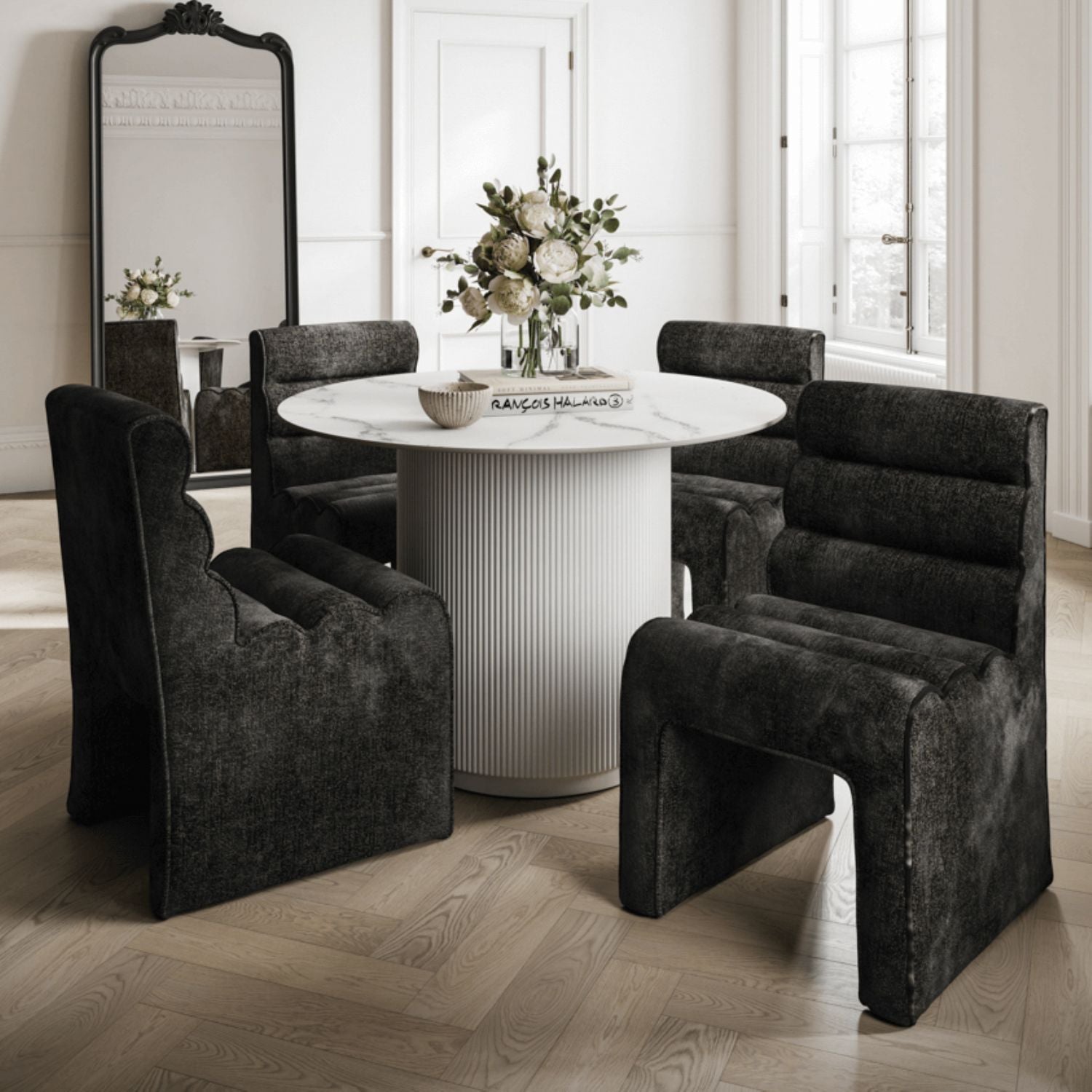 Stone White Marble Effect Round Dining Table Pedestal Base